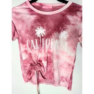 Rag Doll California Women Tie-Die Cropped Crew Neck Drawstring Short Sleeves Top